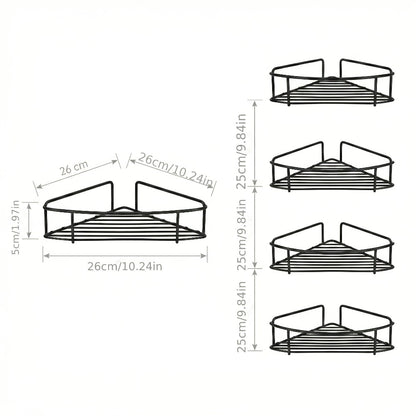 4pcs Bathroom Corner Shelf Set - Wall-Mounted Storage Rack for Shower And Kitchen, Home Use in Black Metal Without Drilling