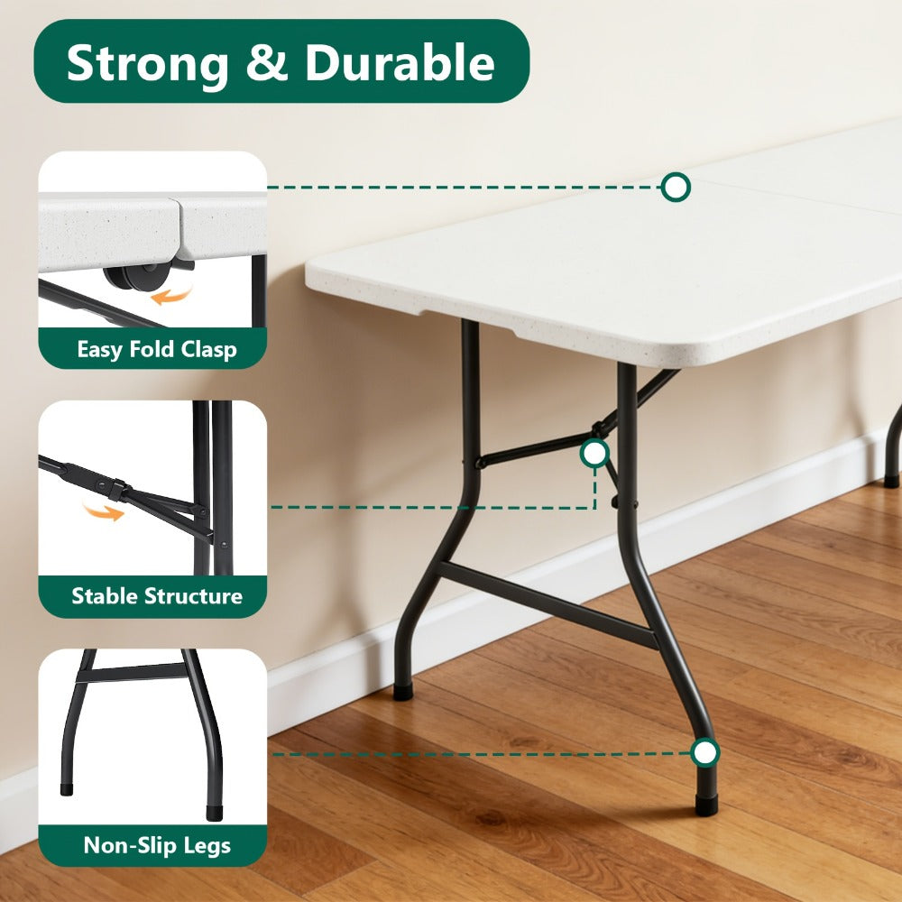Folding Table with Metal Legs Sturdy Plastic Tabletop Easy Clean for Camping Outdoor Events Family Meals Indoor 2.5FT 4FT 5FT 6FT Black White Pink Khaki
