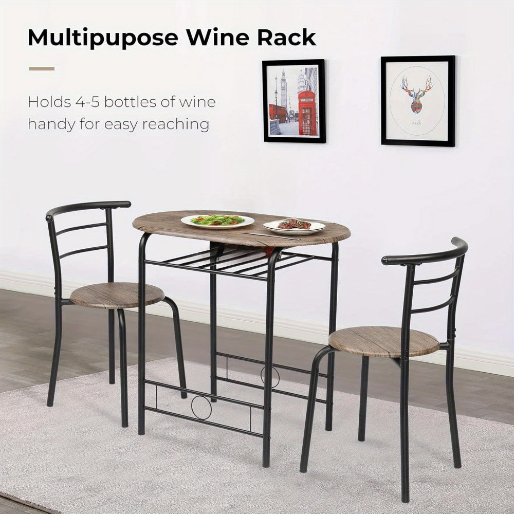 3 Piece Dining Table Set for 2 Small Kitchen Table and 2 Chairs with Wine Rack Metal Frame for Dining Room Apartment Living Room Small Space
