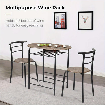 3 Piece Dining Table Set for 2 Small Kitchen Table and 2 Chairs with Wine Rack Metal Frame for Dining Room Apartment Living Room Small Space