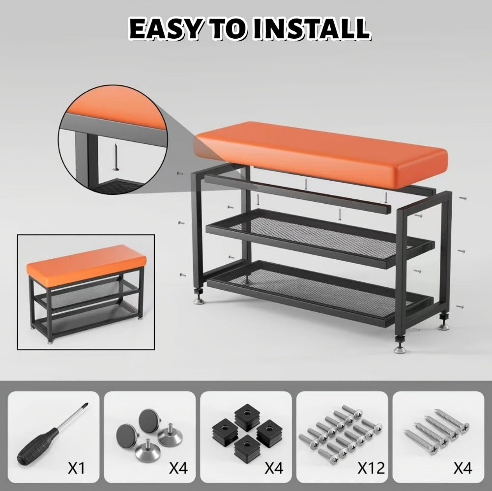 Entryway Shoe Bench with Cushion and Storage Rack, Metal Frame Shoe Changing Stool with Multi-Compartment Organizer for Foyer Bedroom, 24 or 32 Inch, Grey Orange