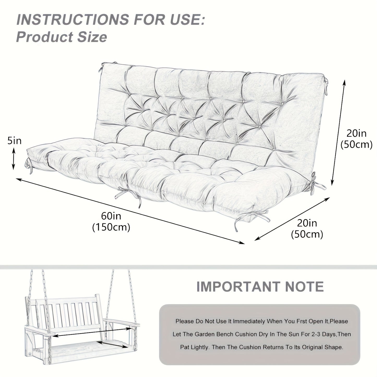Porch Swing Cushions Waterproof All-Weather Fade-Resistant 60 Inch X 40 Thick 5'' Patio Chair Cushions with Ties for Backyard 2-3 Seater Replacement with Backrest Ergonomic Lumbar Support