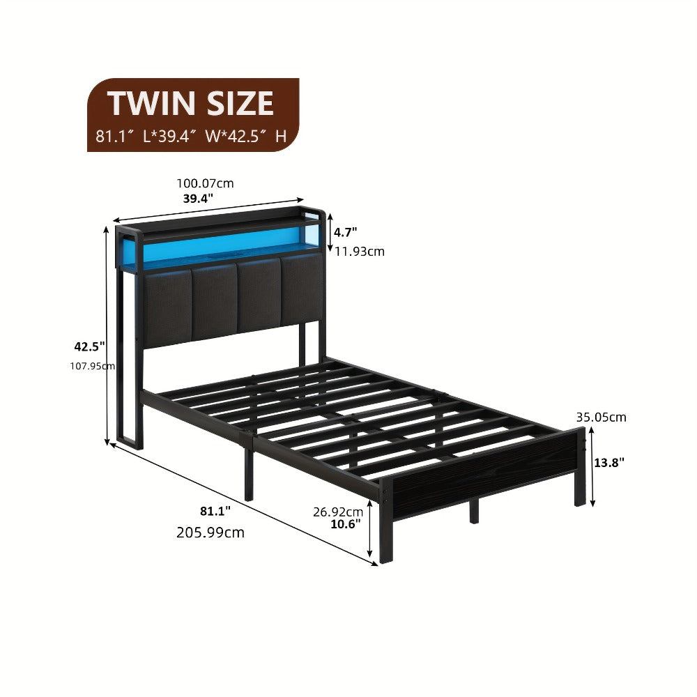 Bed Frame with Storage Headboard LED Lights and Charging Station Twin Full Queen King Heavy Duty Metal Slatted Base No Box Spring White Grey Cream