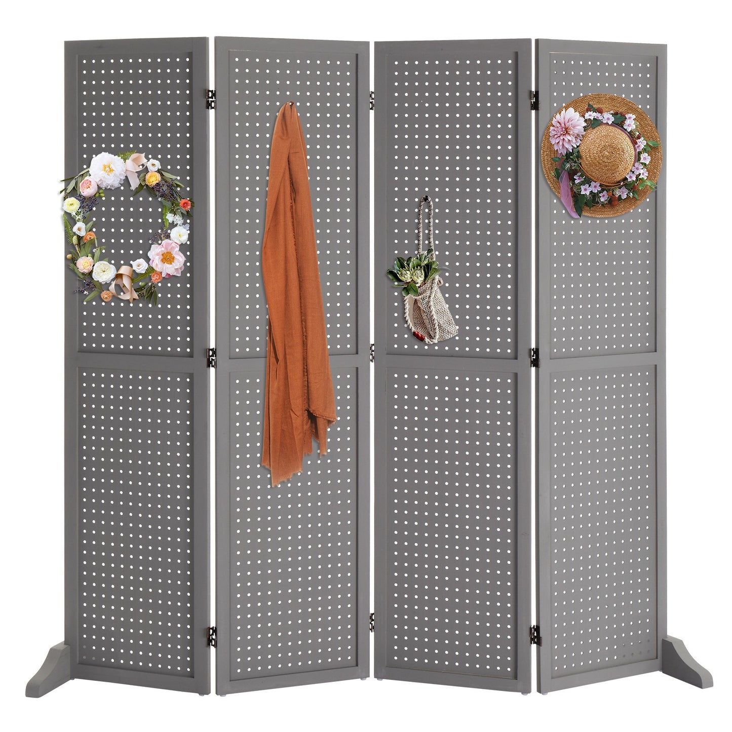 VINGLI Freestanding Pegboard with Support Feet, 5 FT Wood Room Divider Display Board Organizer, Folding Privacy Screen Partition Space Separator for Craft Shows Events Retail