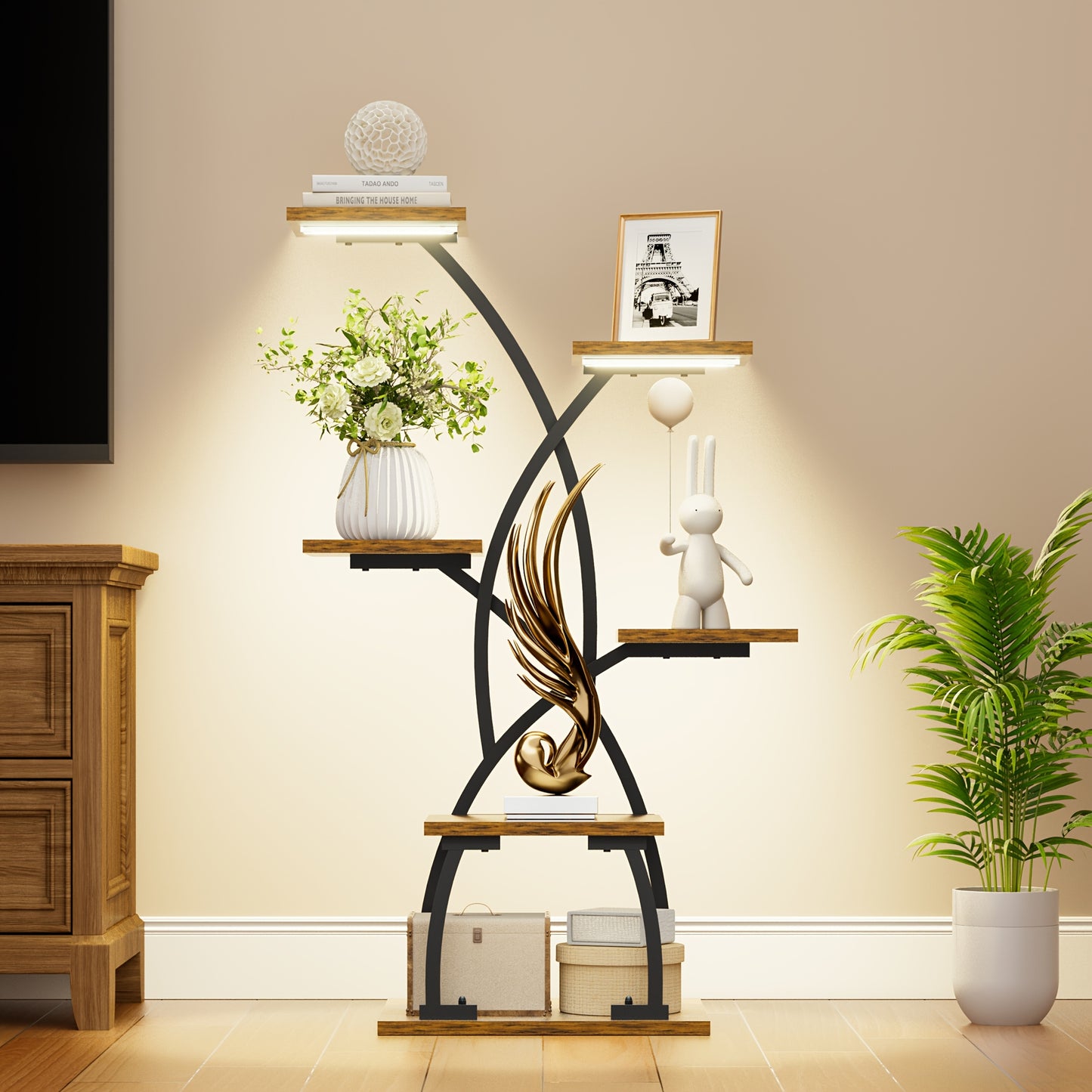 CODACE 1pc Bookcase with LED Lights, 8/6-tier Corner Display Stand, 62/35" Multi-functional Metal Display Shelf for Plants, Handicraft, Tree-shaped Plant Shelf for Living Room, Study, Bedroom, Balcony, Entrance, Home Decor, Good Gift Choice