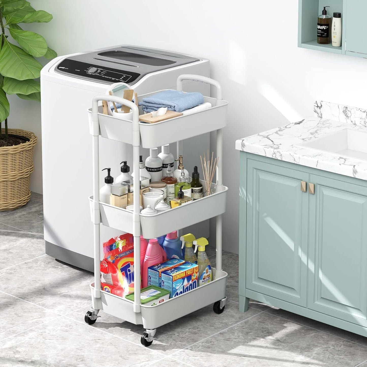 3-Tier Plastic Rolling Utility Cart with Handle, Multi-Functional Storage Trolley for Office, Living Room, Kitchen, Movable Storage Organizer with Wheels
