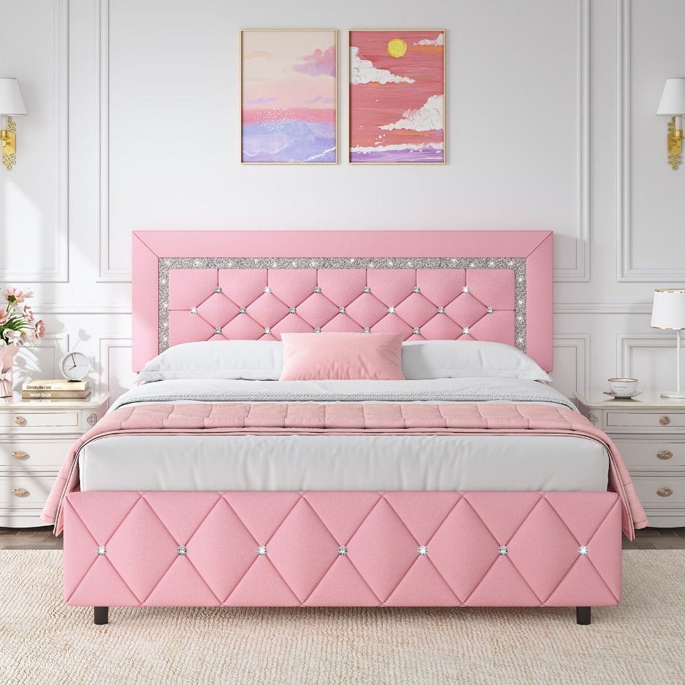 Upholstered Platform Bed Frame with Button-Tufted Diamond Headboard – Wooden Slats, No Box Spring Needed, Twin Full Queen King, Black White Pink Green Gray Beige