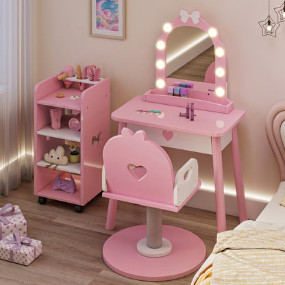 Kids Vanity Set with Light and Barber Chair, Pink Makeup Dressing Vanity Table with Storage Shelf and Hair Salon Play Set 7pcs Accessories, Pretend Play Vanity Set for Toddler Girls