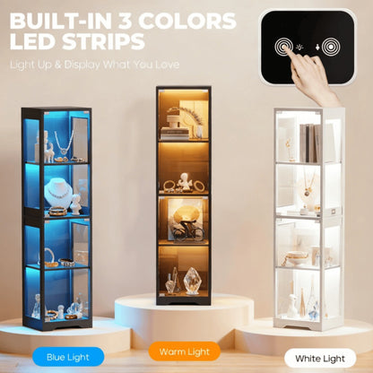 4-Tier Glass Display Cabinet with 3 LED Lights & Motion Sensor – Single Door Curio Cabinet for Tableware, Wine & Collectibles in Dining Room & Living Room