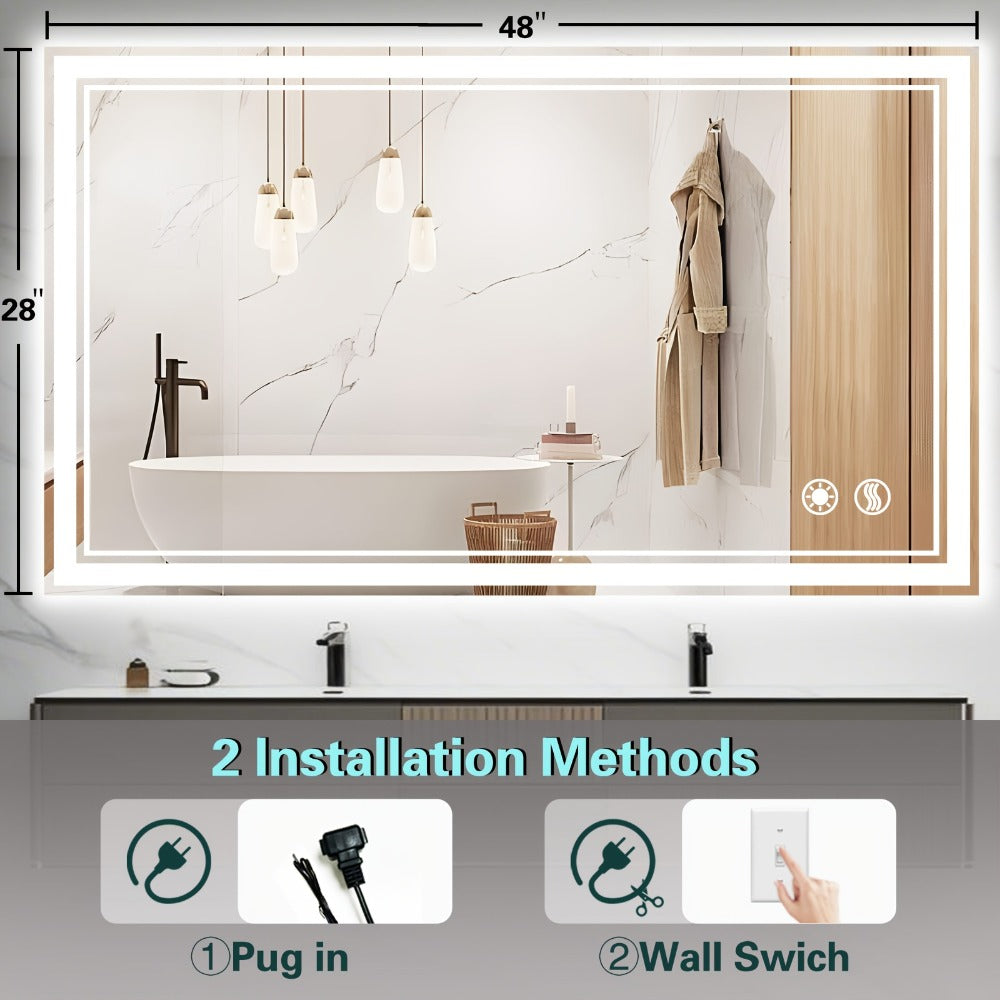 48x28 LED Bathroom Mirror with Lighting, Anti-fog, Adjustable Brightness, Backlight + Front Light, Smart Bathroom Dressing Mirror, Memory Function, Touch Screen Function, Shatterproof, Tempered Glass (horizontal/vertical)