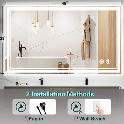 48x28 LED Bathroom Mirror with Lighting, Anti-fog, Adjustable Brightness, Backlight + Front Light, Smart Bathroom Dressing Mirror, Memory Function, Touch Screen Function, Shatterproof, Tempered Glass (horizontal/vertical)