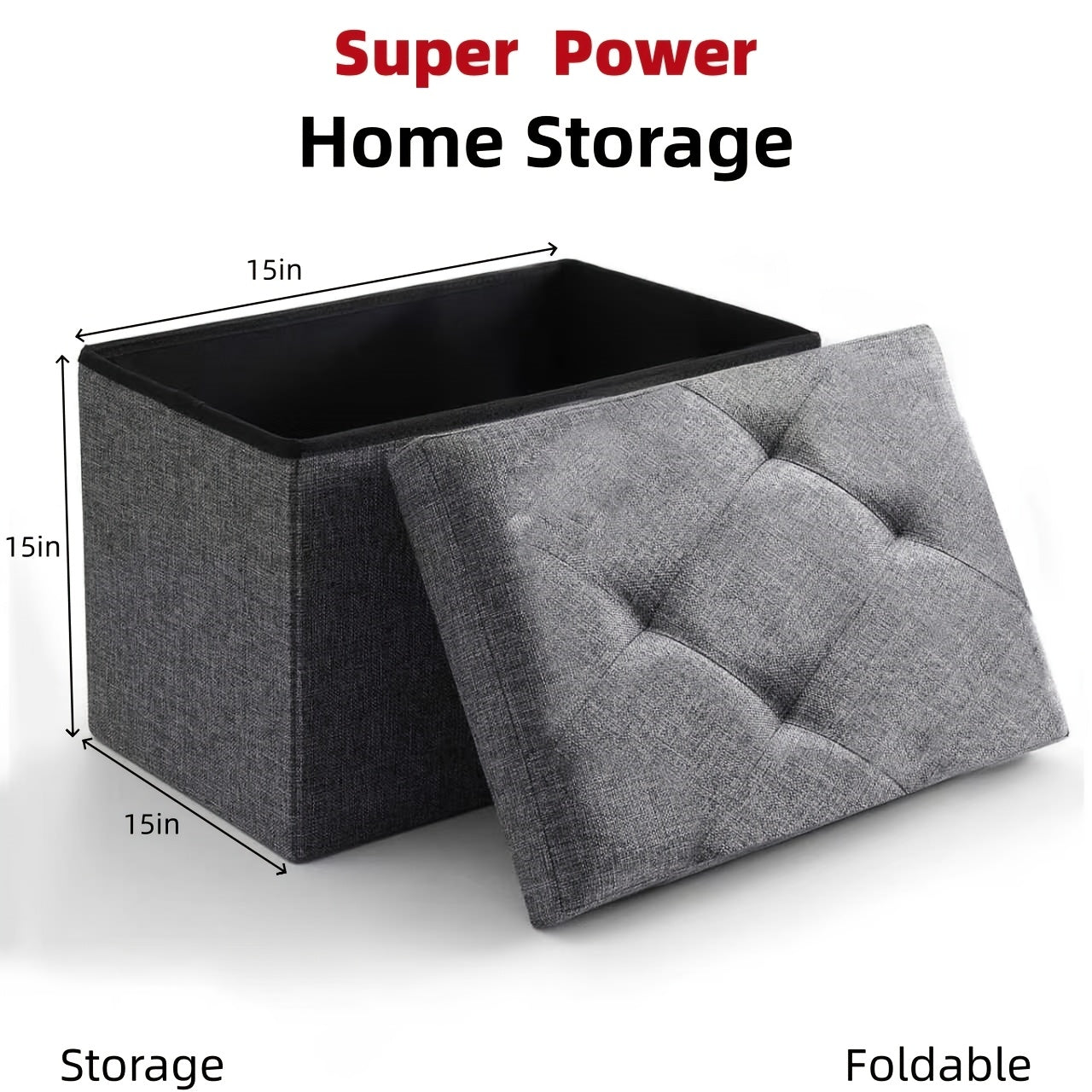 Folding Storage Ottoman Footstool Bench with Seat Cushion Waterproof Easy-Clean Surface, Heavy Duty Multifunctional Organizer for Living Room Bedroom Patio Garden, Medium Large Extra Large Grey