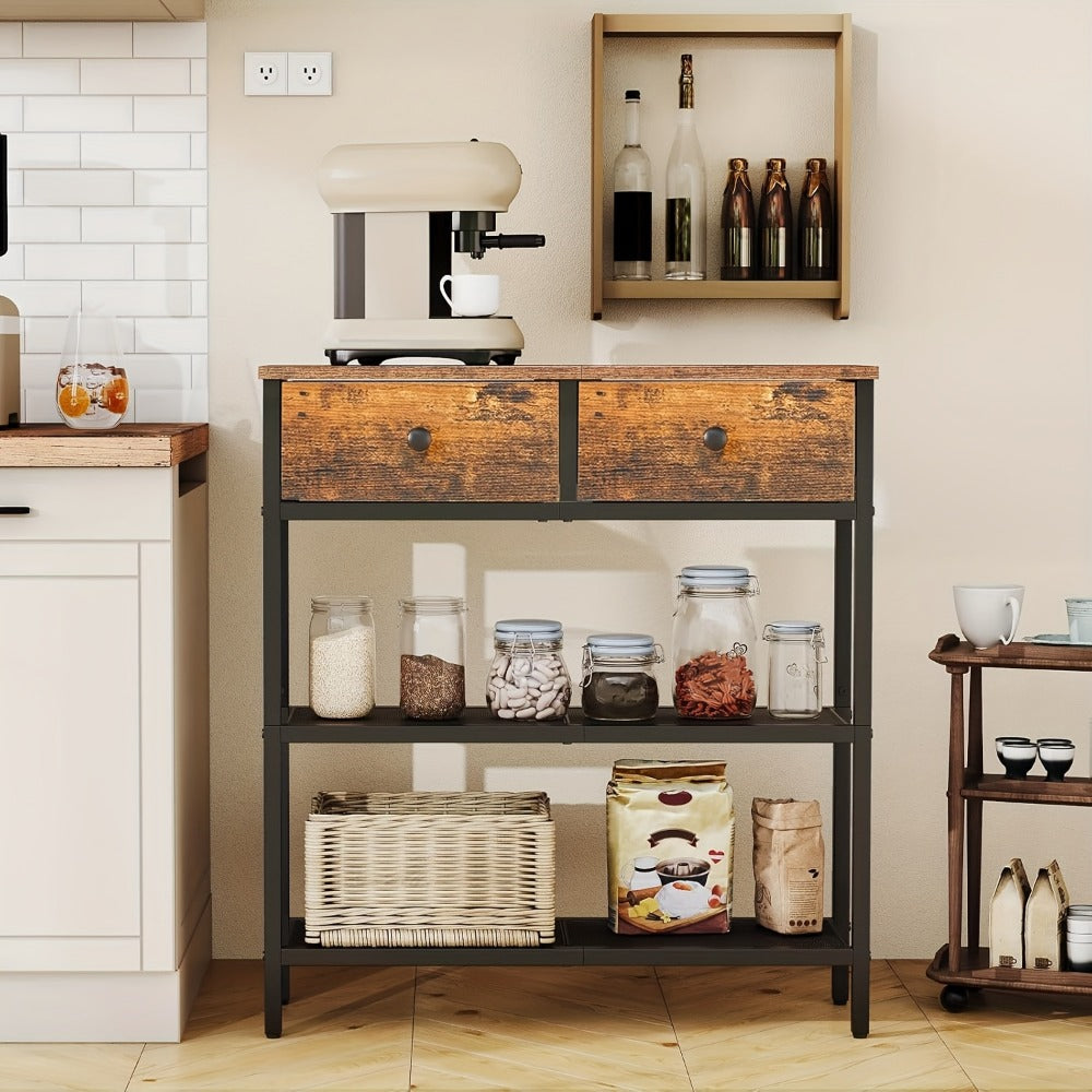 Narrow Console Table 29.5 Inch with 2 Fabric Drawers & 3-Tier Storage Shelves, Rustic Brown & Black Entryway Sofa Table for Living Room Hallway
