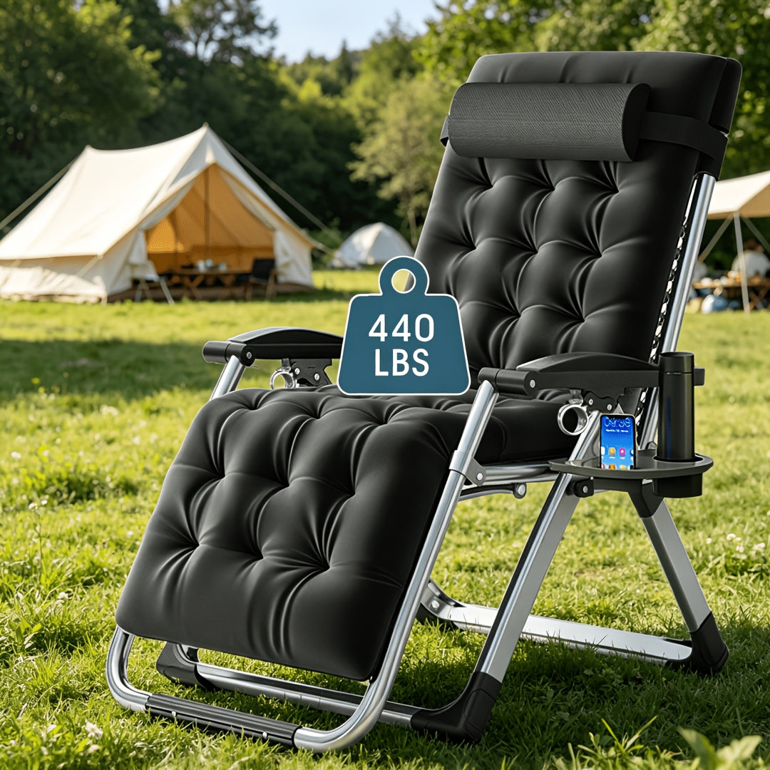 Portable Folding Chaise Lounge Chair, Outdoor Lawn Recliner with Removable Cushion, Headrest & Cup Holder, Heavy Duty Patio Reclining Chair Supports 440 Lbs