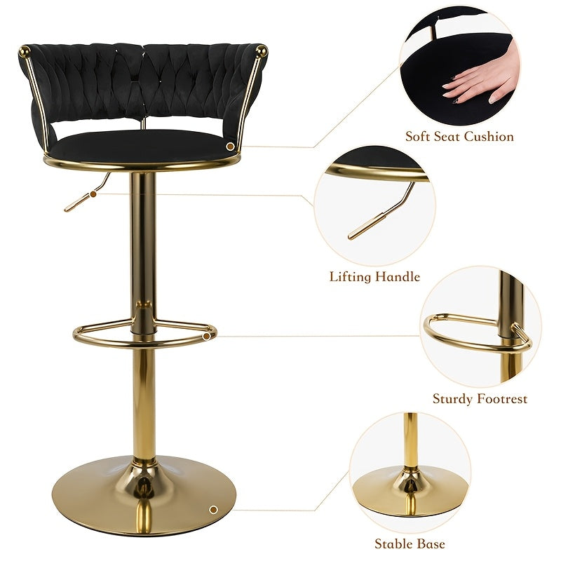 2pcs/4pcs Modern Swivel Woven Velvet Bar Stools, Stool, 360° Swivel Adjustable Height Bar Stool with Backs Golden Metal Tall Bar Stools Counter Height for Kitchen Island, for Christmas, Festival, New Year'S Gift