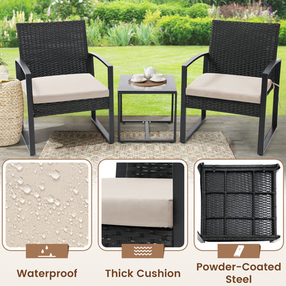 Outdoor Chairs with Bistro Table Furniture Set, Wicker Rattan 3pc Conversation Set includes 2 Waterproof Chairs with Thick Cushions and 1 Bistro Table with Safety Glass Top, Clearance