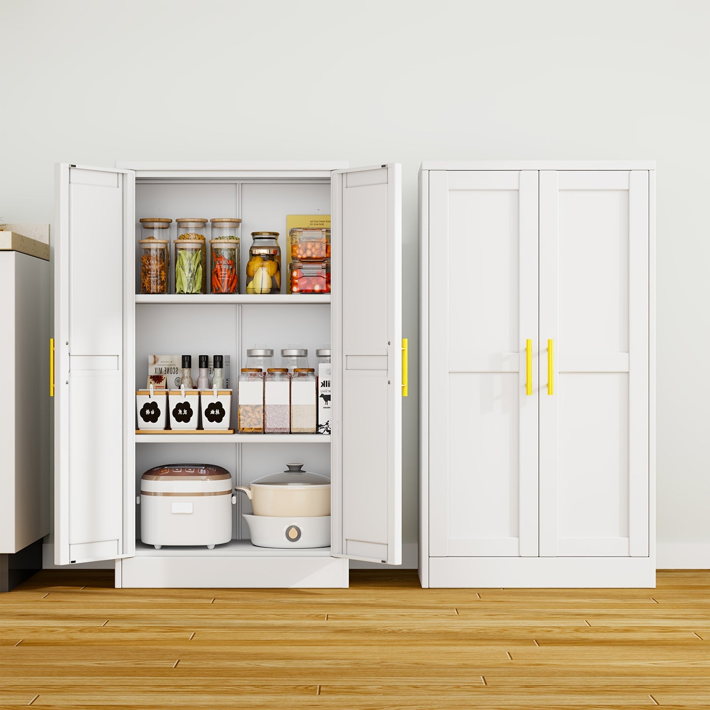 Utility Two Doors Modern Metal Storage Freestanding Cabinet with Adjustable Foot, Kitchen Pantry Sideboard Cabinet with 3 Adjustable Shelves for Kitchen, Laundry Room, Bathroom, Living Room and Dinning Room