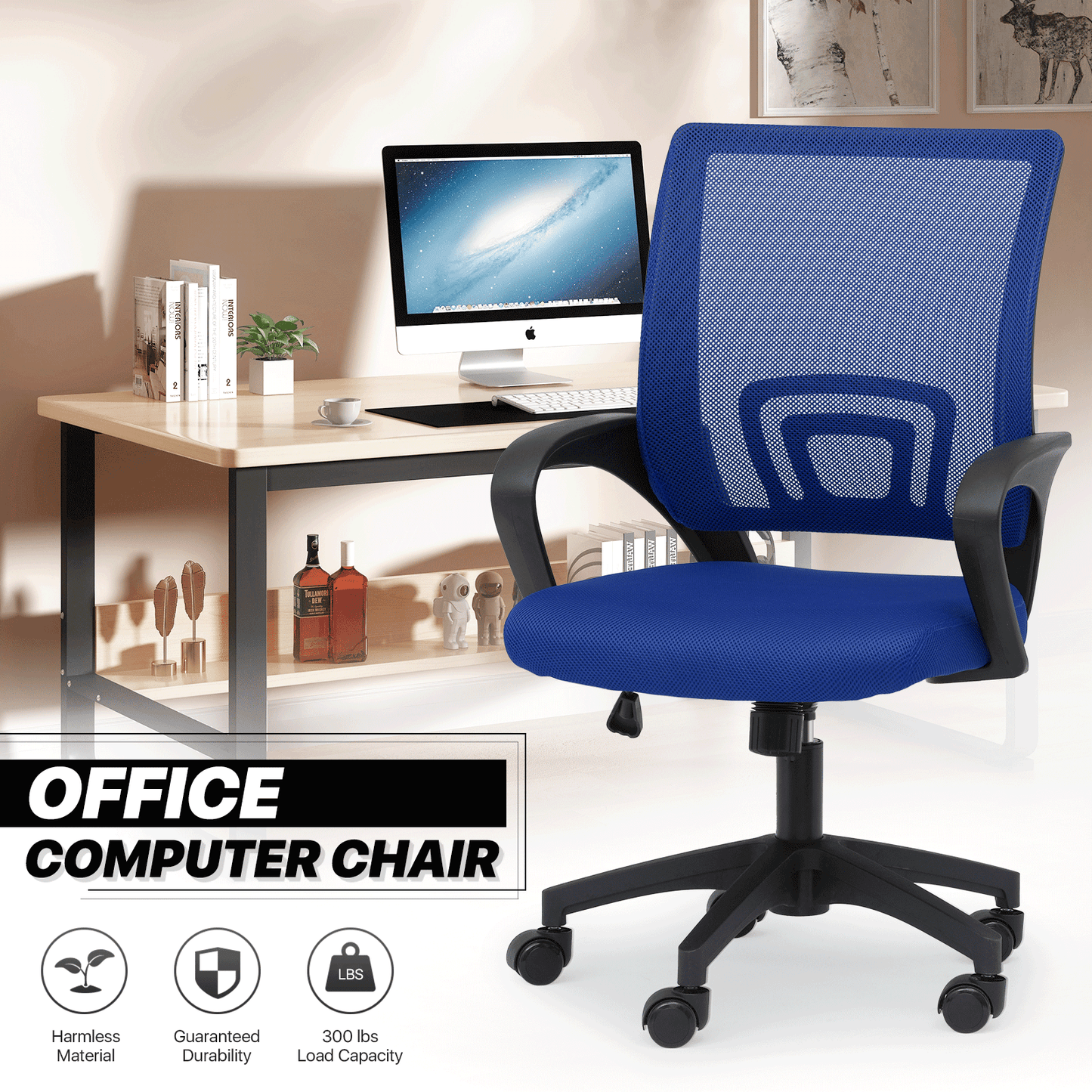 Mesh Office Home Chair, Mid Back Ergonomic Rolling Swivel Chair with Padded Seat and Armrest
