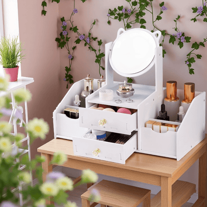 A Stylish White Dressing Table with a Rotating Makeup Mirror, Featuring Drawers And Shelves for Elegant Storage of Cosmetics, Perfect for The Bathroom, Living Room, Or Bedroom, Making It an Ideal Holiday Gift