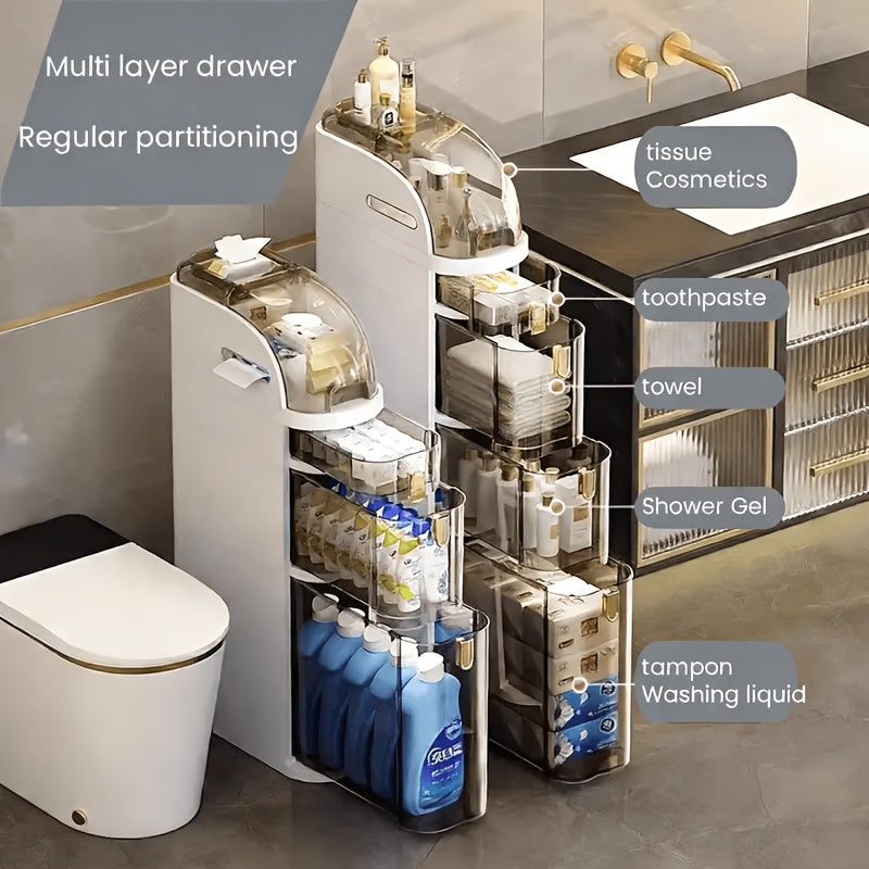 4-Tiers Slim Bathroom Storage Cabinet With Drawers & Tissue Box, Plastic Narrow Rolling Bathroom Tower Cart & No Installation For Small Spaces Kitchen Living Room