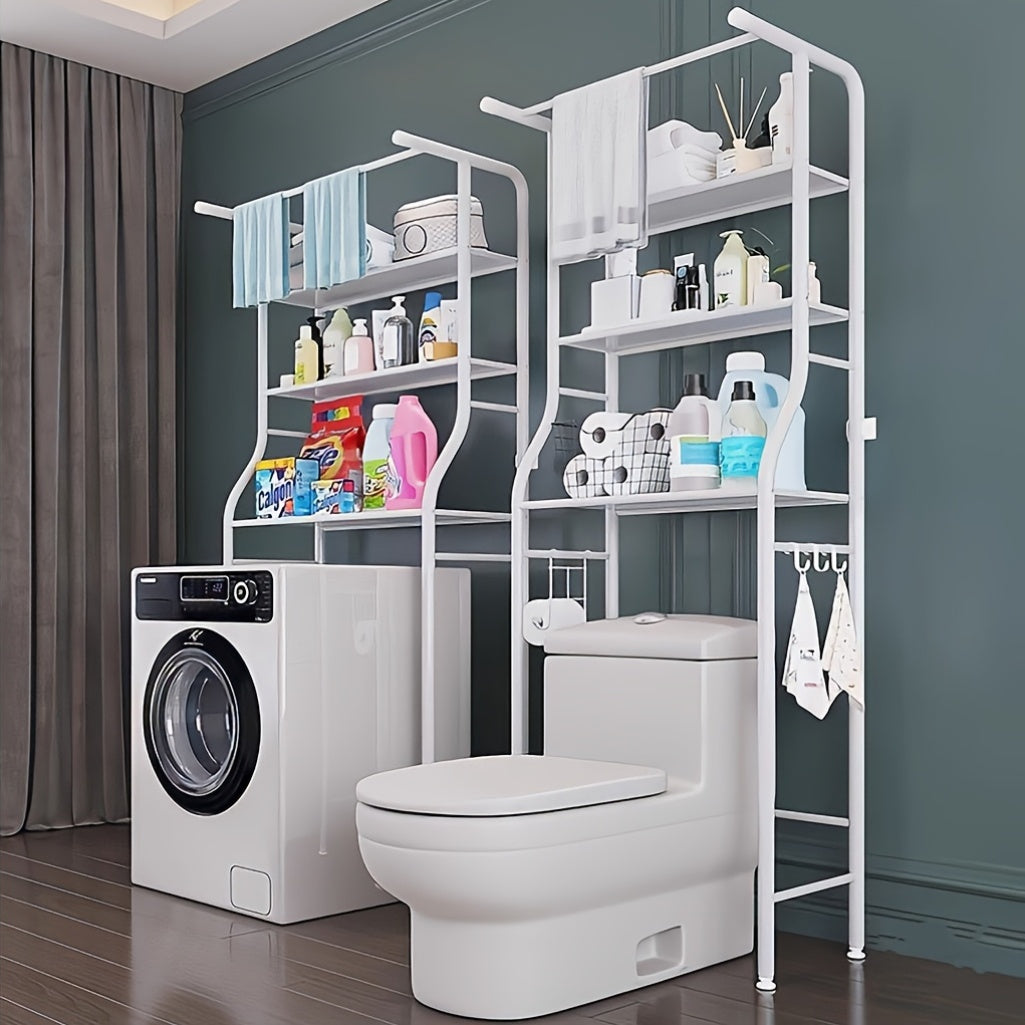 3-Tier Over Toilet Storage Basket And Hanger Rods - Space-Saving Laundry Drying Rack, Washing Machine Shelf, Bathroom Organizer, Bathroom Decor And Additions