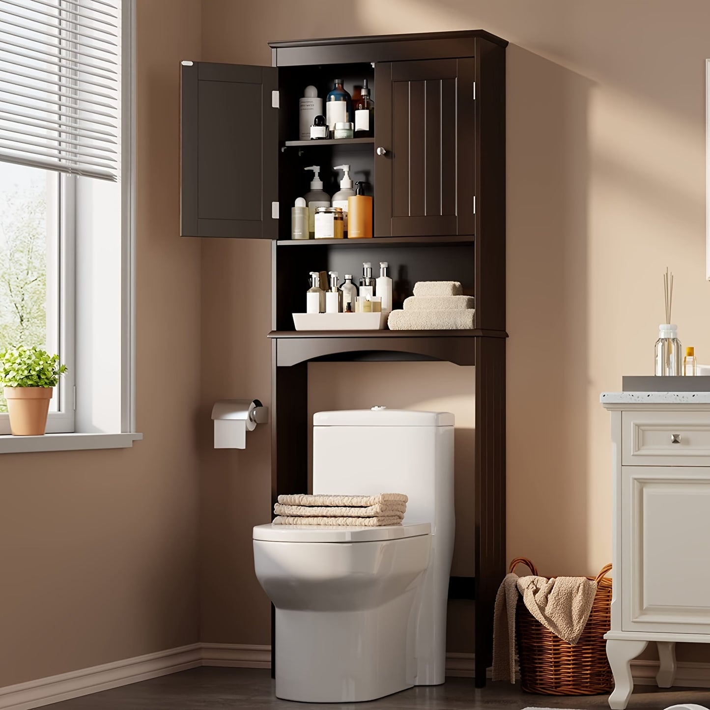 Bathroom Space-Saver, Over The Toilet Storage Cabinet with Adjustable Shelf, Double Door Or No Door Design And Open Shelf, Tall Free-Standing Wooden Storage Lockers, Storage And Organization, Enhances Space Above The Toilet