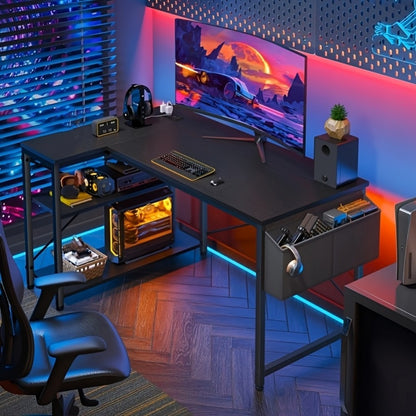 L-Shaped Computer Desk with Power Outlets and Storage Shelves, Corner Gaming Desk for Home Office Bedroom Dorm, Wood Metal Writing Study Desk with Monitor Stand in 3 Colors 4 Sizes