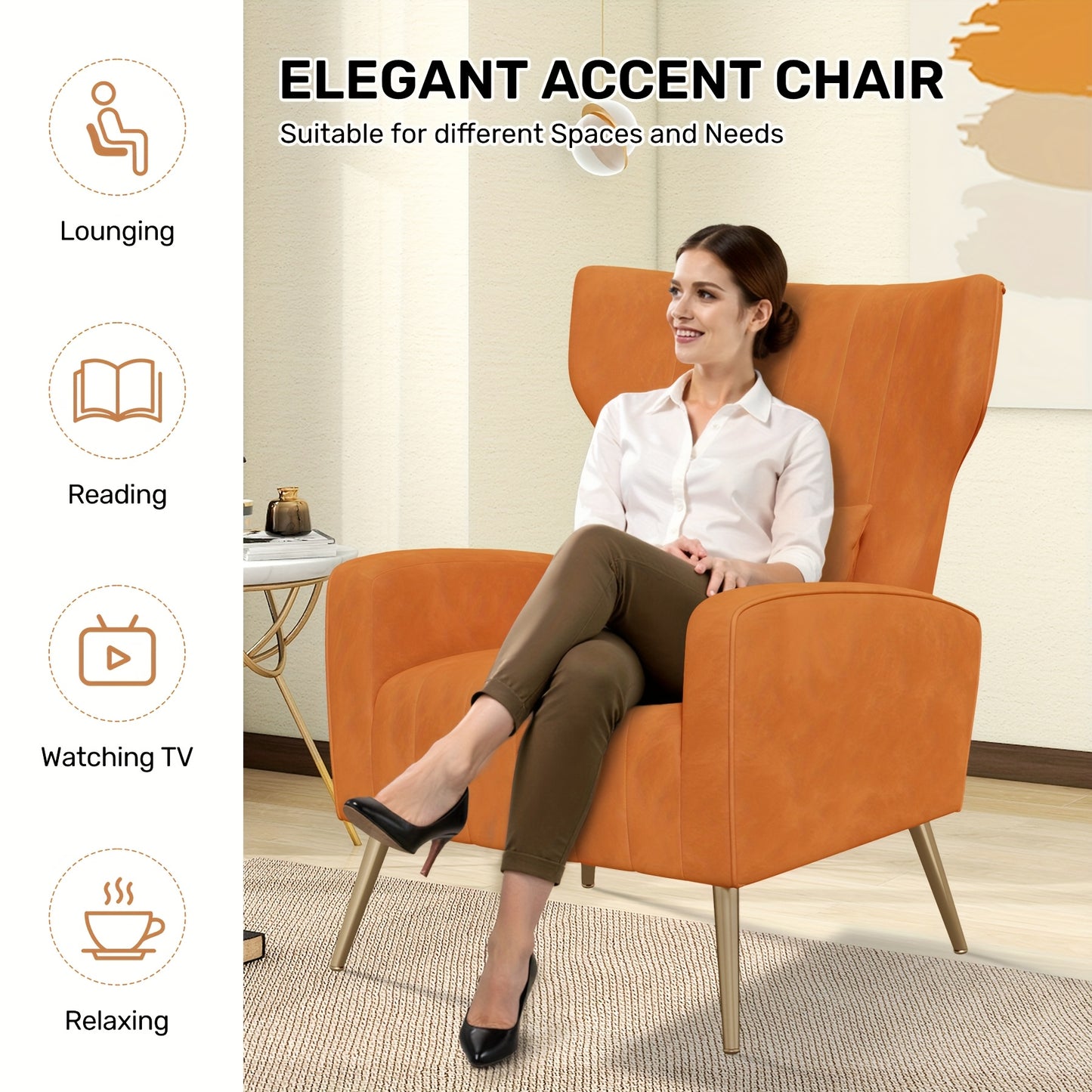 Velvet Fabric Upholstered Reading Comfy Mid Century Modern Armchair with Metal Legs And Spring Support, Accent Chair for Living Room