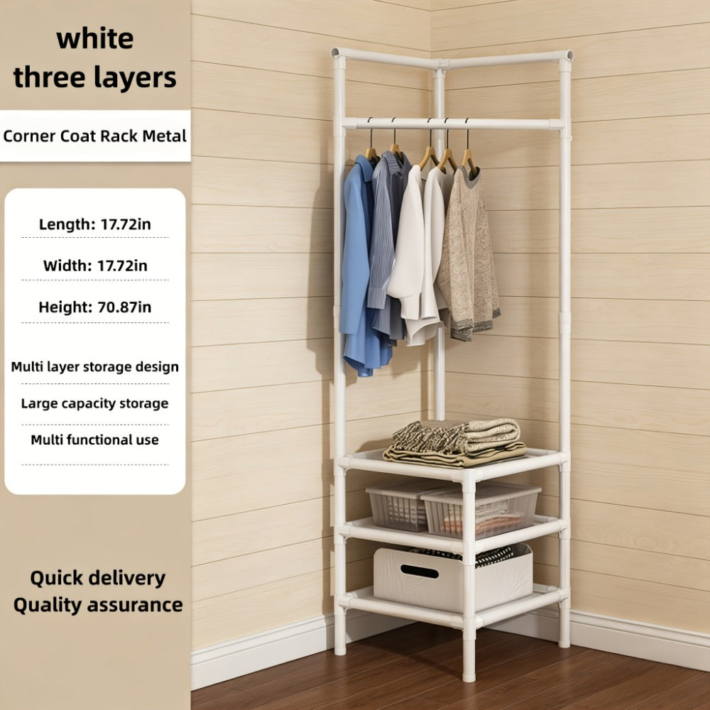 Corner Coat Rack with Shelves & Hanging Rods | Freestanding 2-Tier or 3-Tier Corner Clothes Hanger, Multi-Functional Storage Rack for Entryway, Bedroom, Bathroom | White or Black