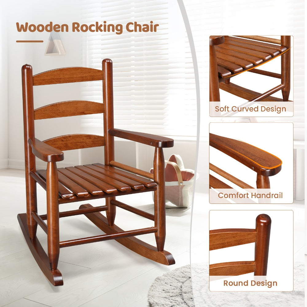Kids Rocking Chair for 3-6 Ages, Small-Size, 14.8 X 18.5 X 22.6In, Solid Wood Material, All-Weather Wooden Porch Rocker with High Backrest, Ideal for Outdoor&Inddor, Birthday/Festival Gift for Children, Teak