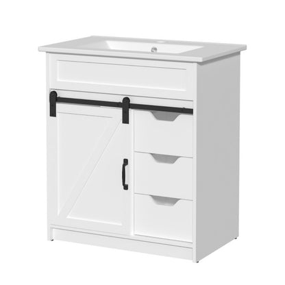 30 Inch Cottage Style Bathroom Vanity with Sink - Solid Wood Cabinet 3 Drawers Barn Door Sliding Shelf Ceramic Undermount Sink Modern Farmhouse Design