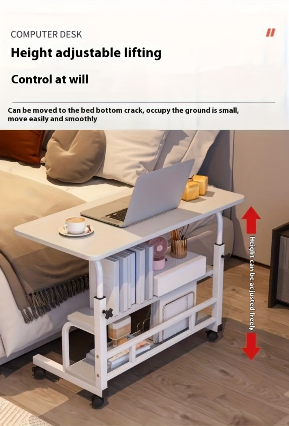 Adjustable Height Mobile Computer Desk with Double-Layer Storage, Wheels & Space-Saving Design – Portable Laptop Table for Bedroom, Sofa, Home Office & Living Room