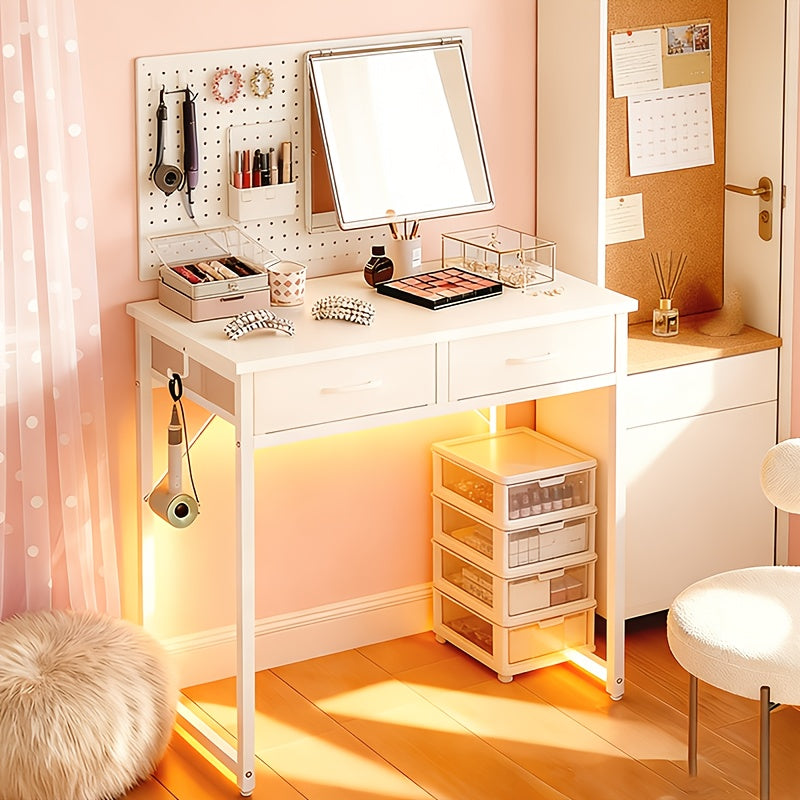 Vanity Small Desk with Light - Fiber Drawers & Adjustable, Easy Assembly, Laptop In Home, Study Or Work, Adjustable
