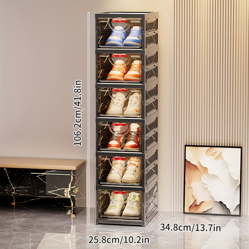 5/6-Tier Black Shoe Storage Cabinet for Household Shoe Organization, Foldable & Modular Design, Flip-Top Lid with Clear See-Through Window for Easy Access