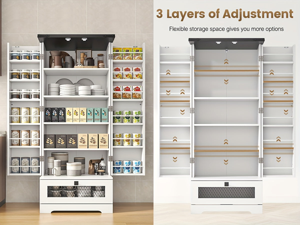 55'' Pantry Cabinet, Kitchen Pantry Storage Cabinet With Adjustable Shelves And Drawer, Wooden Kitchen Storage Cabinet, Buffet Cupboards Cabinet For Kitchen, Living Room, Bathroom, Dining Room