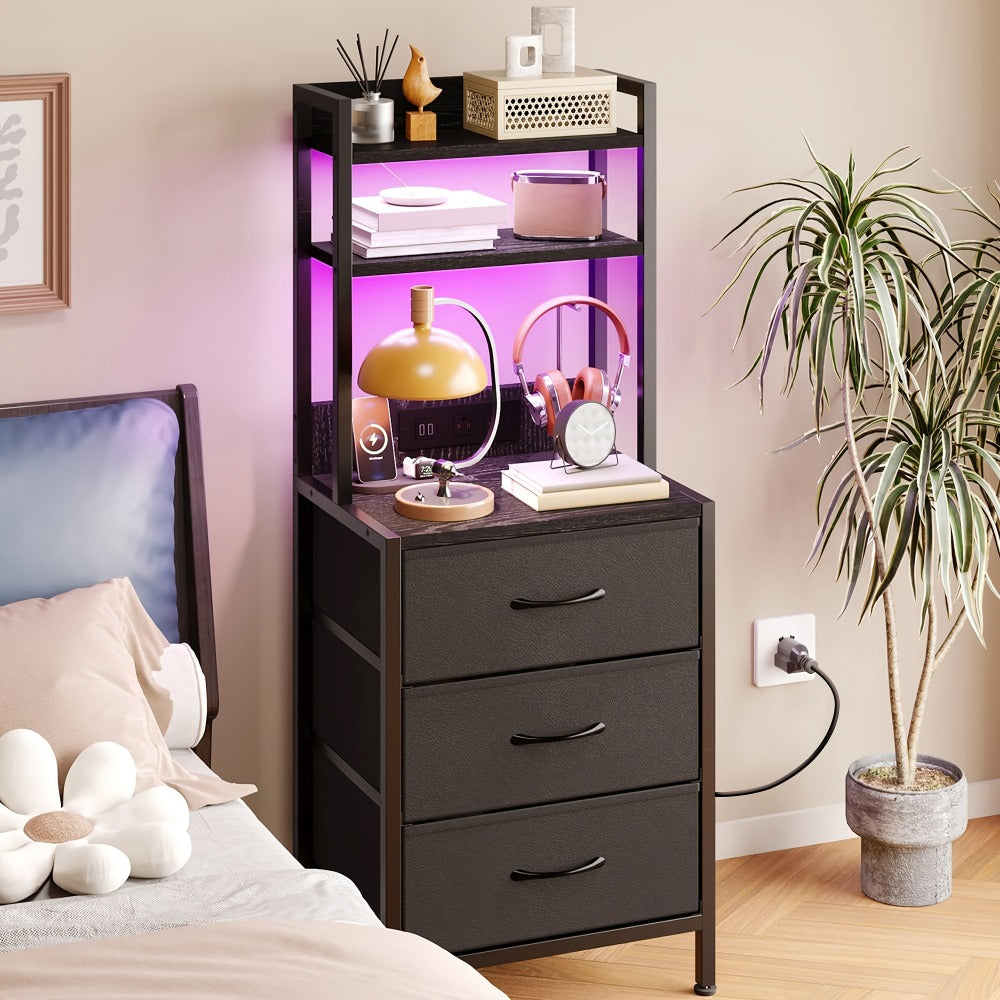 WHONLINE 41'' LED Nightstand with Ports & Outlets, Tall Bedside Table with Charging Station, 3-Drawer PU Fabric Storage Cabinet, Heavy Duty End Table, Modern Dorm Room Essentials, Apartment Small Space Organizer