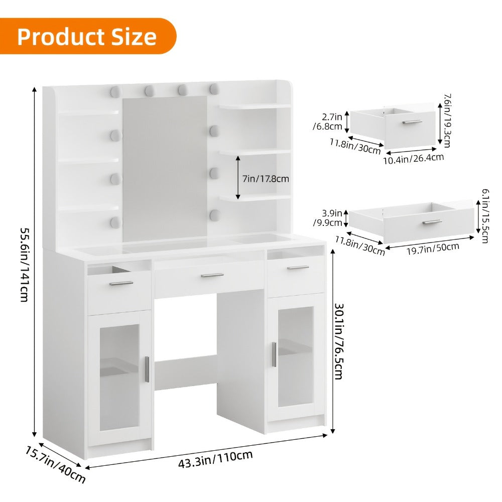 Vanity Desk with Lighted Mirror Power Strip and 10 Bulbs - Makeup Table with 2 Drawers Storage Cabinet 3-Color Adjustable Lighting in White