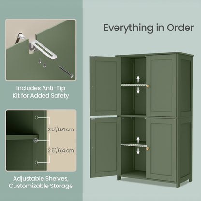 Tall Freestanding Storage Unit with Four Doors And Two Adjustable Shelves, Suitable for Organizing Kitchens, Bathrooms, And Living Rooms