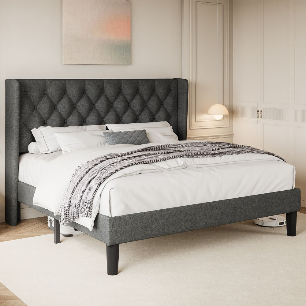 Modern Platform Bed Frame with 24-Inch Button-Tufted Headboard – Solid Wood Slats, Artistic Legs, Linen & Velvet, Dark Gray Light Grey Beige White Black, Full Queen King