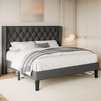 Modern Platform Bed Frame with 24-Inch Button-Tufted Headboard – Solid Wood Slats, Artistic Legs, Linen & Velvet, Dark Gray Light Grey Beige White Black, Full Queen King