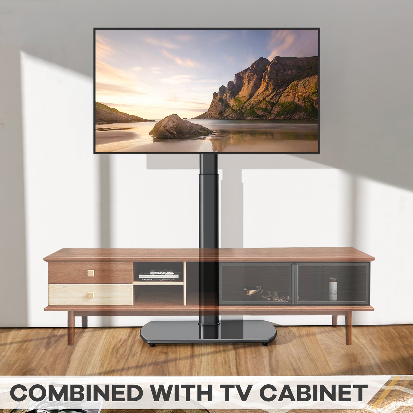 Swivel TV Floor Stand with Mount for Apple TV/Roku Ultra, Universal for 32-65 Inch LCD LED Flat Screen, Height Adjustable TV Mount Stand with Shelf, Space Saving Corner TV Stand for Home Office,C