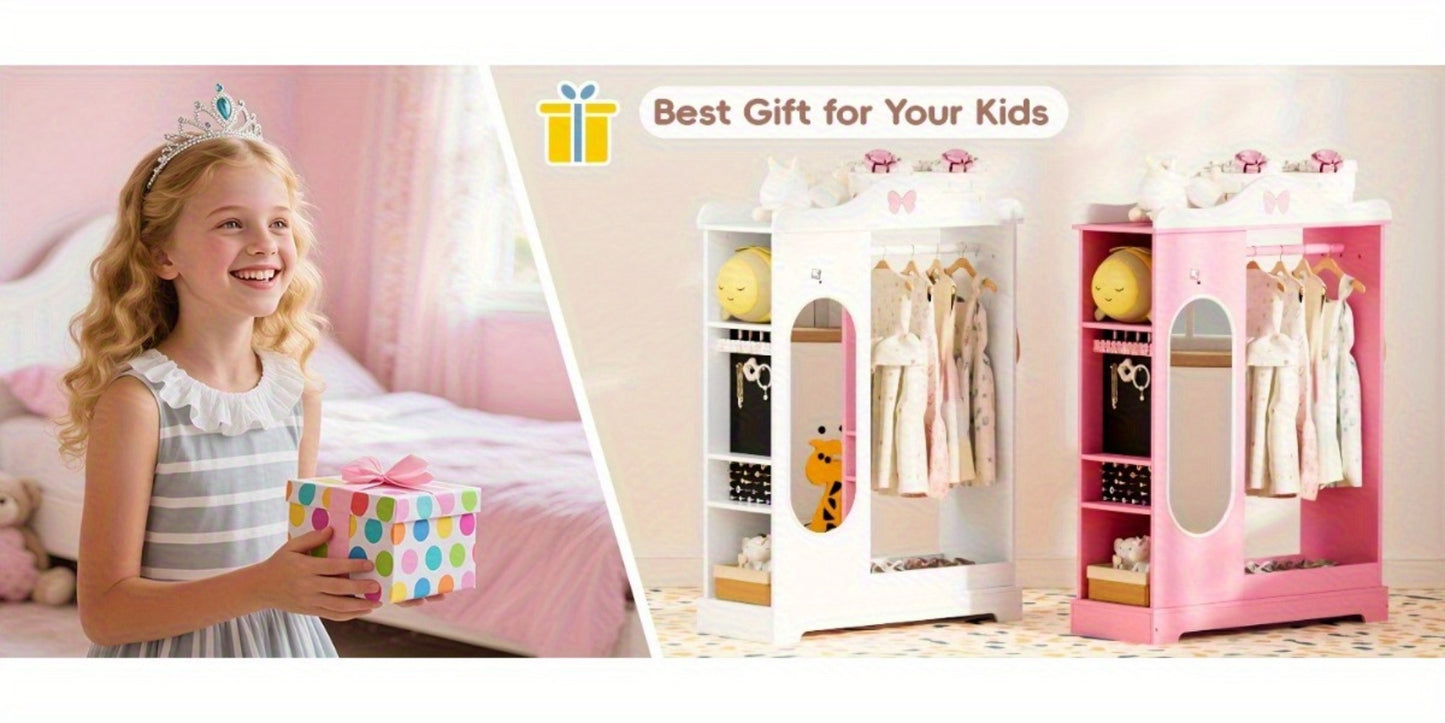 Kids Armoire with Jewelry Cabinet, Kids Dress Up Storage wth Shelves, Girls Wardrode Costume Organizer with Mirror, Children Closet with Armoire for Bedroom, Kids Room, Girls, Kids Room Furniture, Bedroom Storage, Stylish Kids Wardrobe, Playful Design, Ha