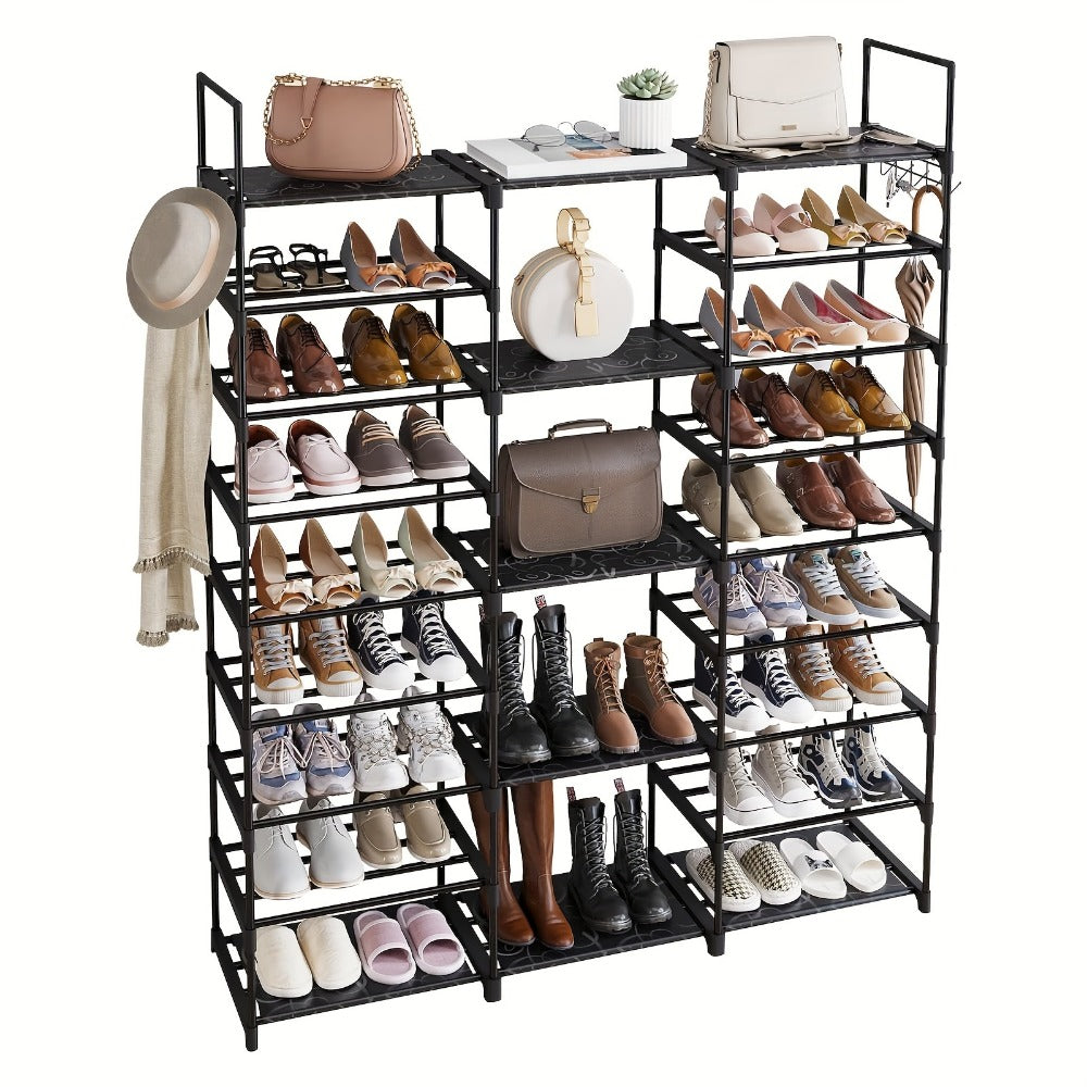 9 Tier Metal Shoe Rack Organizer 50-55 Pairs Large Capacity Stackable Freestanding Shoe Shelf with Hooks for Entryway Closet Bedroom Black Heavy Duty Storage