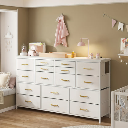 [16 Drawers Storage Cabinet] Fabric Drawer Storage Cabinet, 16 Drawers, Long, Black Wood Grain/White/Tiger Stripe/Medium Gray