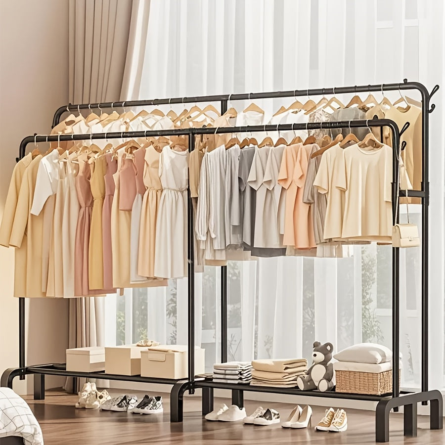 Upgraded Garment Rack with Double Metal Rods, Clothing Rack Heavy Duty Clothing Racks for Hanging Clothes, Steel-Plastic Dual-Rod Black Hanger, Freestanding Wardrobe Closet Rack, for Bedroom