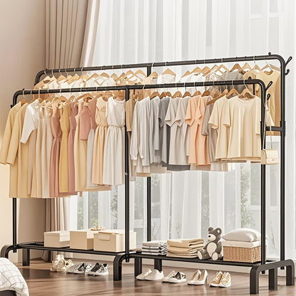 Upgraded Garment Rack with Double Metal Rods, Clothing Rack Heavy Duty Clothing Racks for Hanging Clothes, Steel-Plastic Dual-Rod Black Hanger, Freestanding Wardrobe Closet Rack, for Bedroom