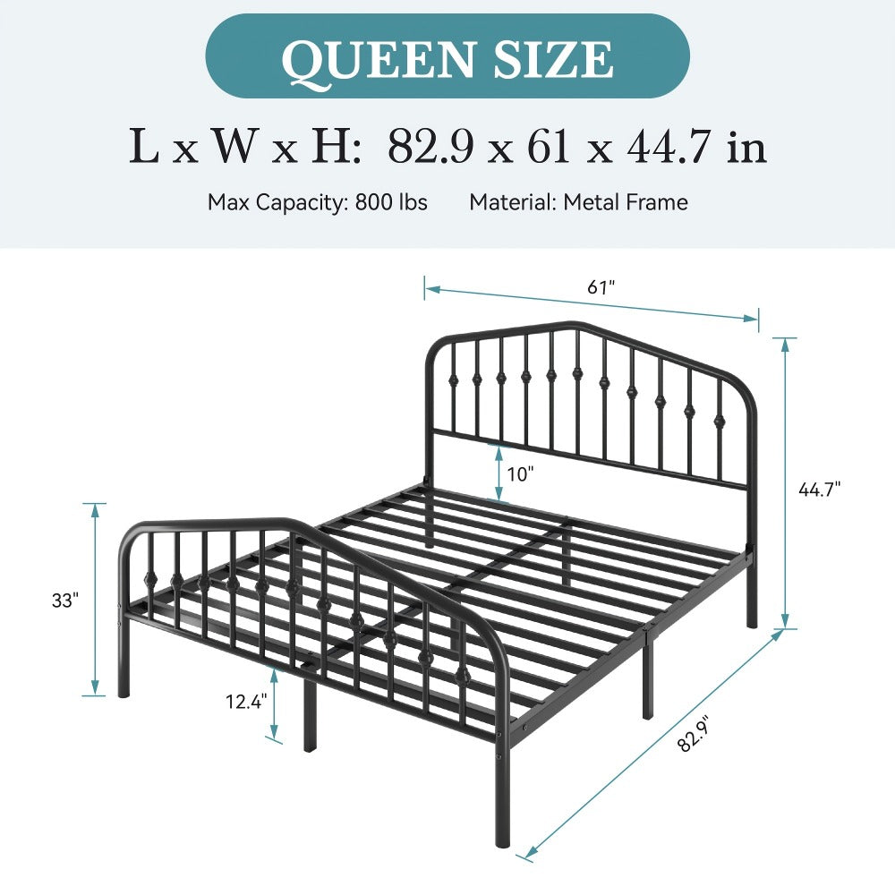 Queen Size Victorian Platform Bed Frame with Wrought Iron Headboard & Footboard – 14" Tall, No Box Spring Needed, Heavy-Duty Steel Slat Support, Elegant Antique Style Bedroom Furniture