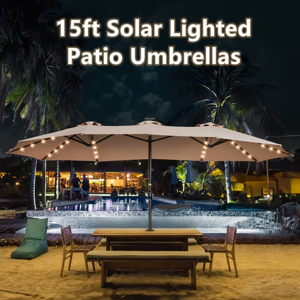 15 Ft Solar LED Patio Umbrella Double Sided with Base 48 LED Lights UPF50+ UV Protection 12-Rib Crank Handle for Lawn Garden Deck Pool 5 Colors