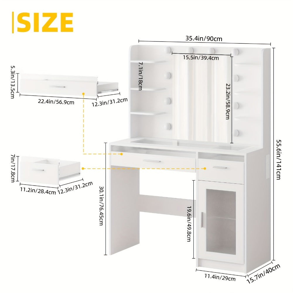 Vanity Desk with Lighted Mirror Power Strip and 10 Bulbs - Makeup Table with 2 Drawers Storage Cabinet 3-Color Adjustable Lighting in White