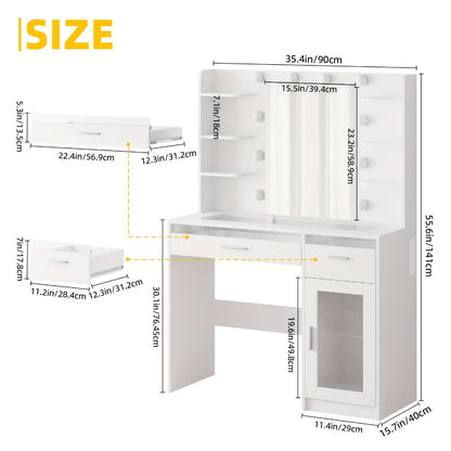 Vanity Desk with Lighted Mirror Power Strip and 10 Bulbs - Makeup Table with 2 Drawers Storage Cabinet 3-Color Adjustable Lighting in White